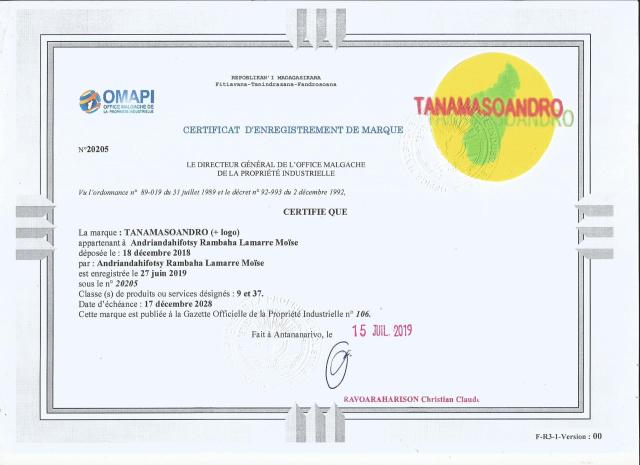 La marque TANAMASOANDRO est une marque déposée à OMAPI sous le N°20205, classe 9-37.
